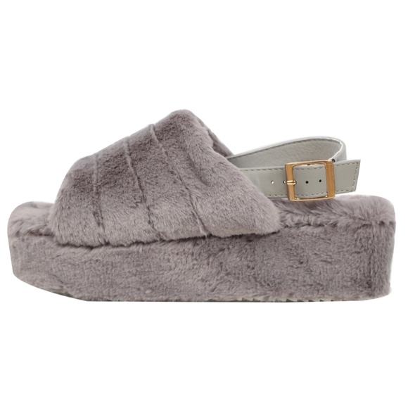 Shoes - Grey Open Toe Fuzzy Slingback Platform Wed
